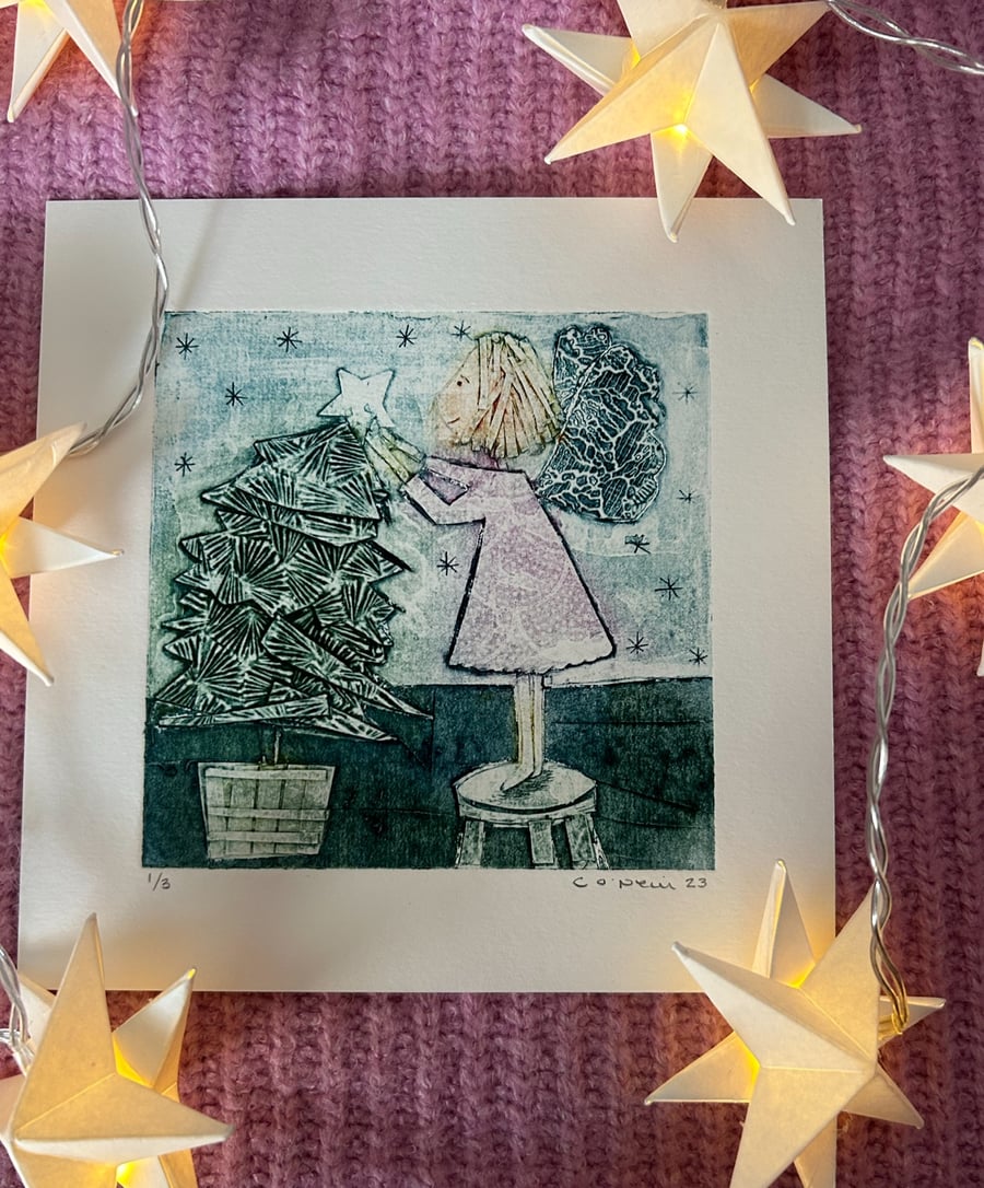 Twinkly Star - In Blue - Christmas Collagraph Print