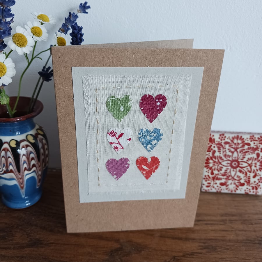 Vintage Laura Ashley Hearts hand stitched fabric card - CLEARANCE