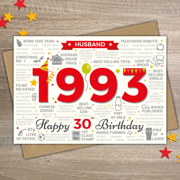 Happy 30th Birthday HUSBAND Greetings Card - Born In 1993 Year of Birth Facts