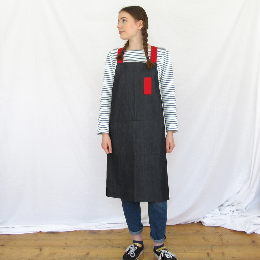 Womens Denim Crossback Apron - with red straps, for artists & makers No4.3