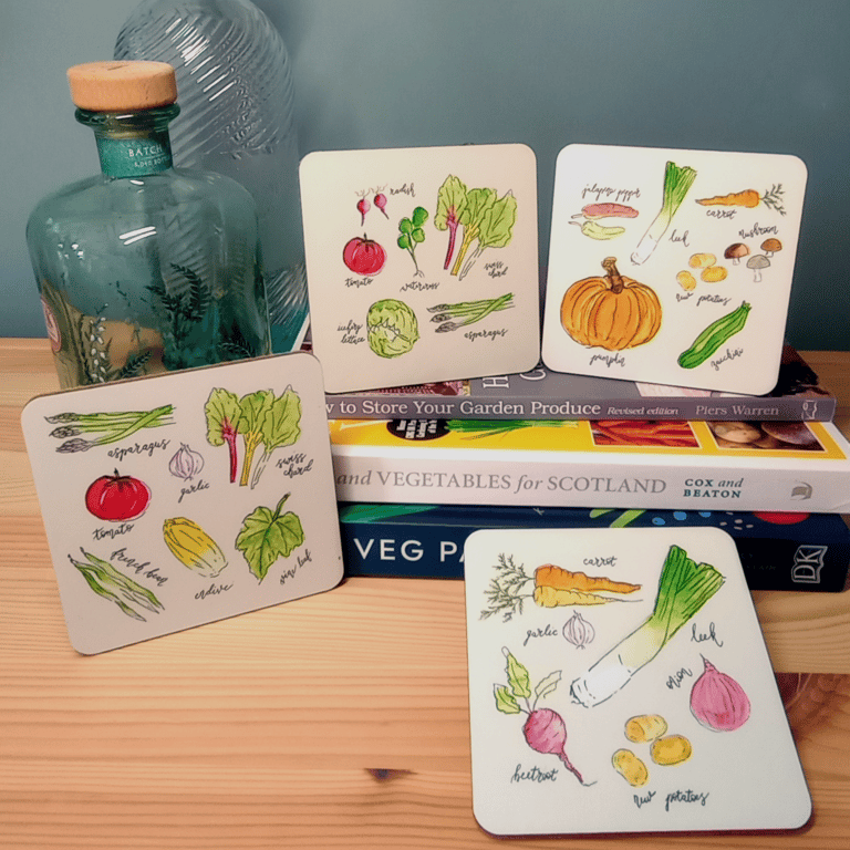 Illustrated Watercolour & Ink Vegetables - Set of x4 Wooden Coasters