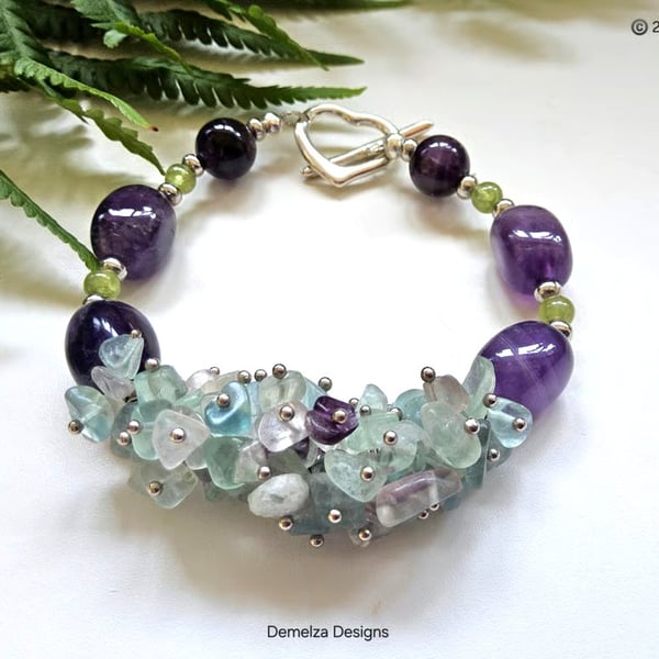 Amethyst, Peridot & Rainbow Flourite Bracelet 