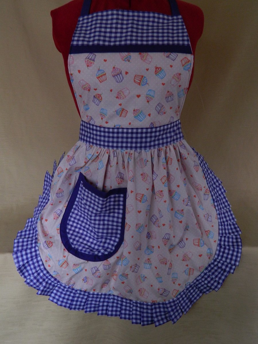 Vintage 50s Style Full Apron Pinny - Pale Pink Cupcakes with Lilac Gingham Trim