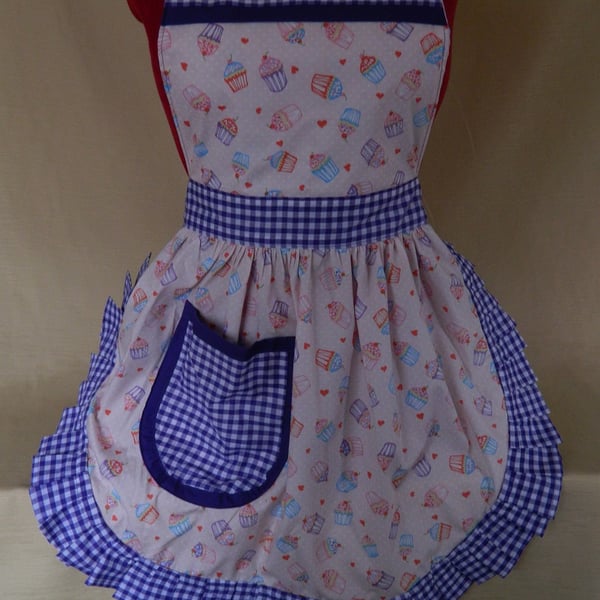 Vintage 50s Style Full Apron Pinny - Pale Pink Cupcakes with Lilac Gingham Trim