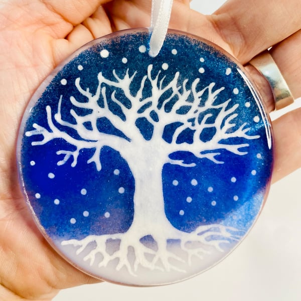  Winter tree of life Christmas fused glass bauble decoration 