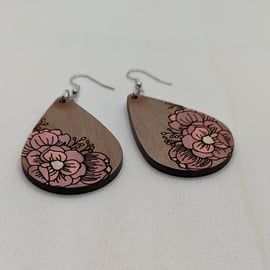 Eco Earrings - Walnut and Hypoallergenic Stainless Steel - Floral - Teardrop