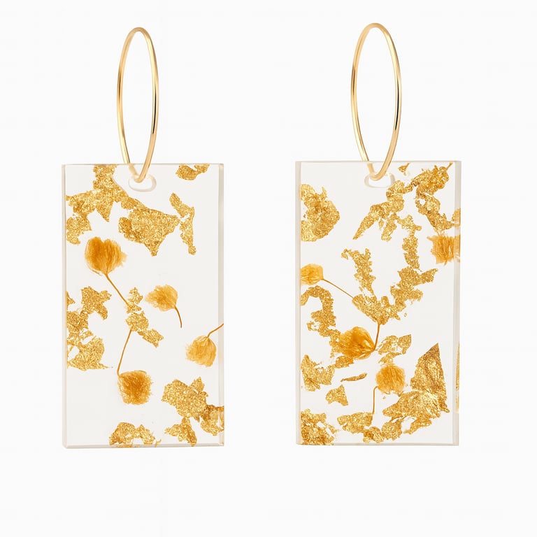 Peach Flower Resin Rectangle Earrings – Gold Leaf Dangle Drops