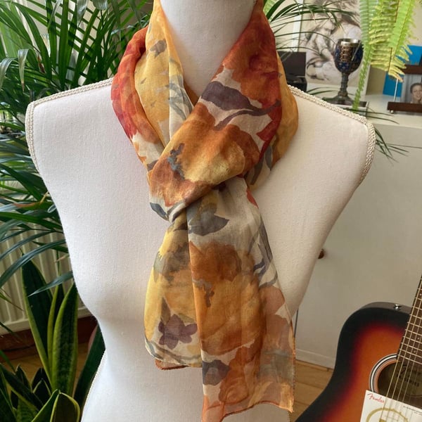 Vintage Voile orange gray ScarfSoft Draping FabricGift for HerSpring,Summer,Fall