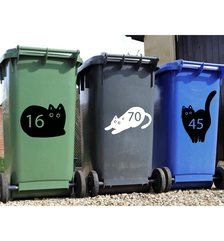 Personalised Wheelie Bin Sticker Cat Silhouette Custom House Number Sticker