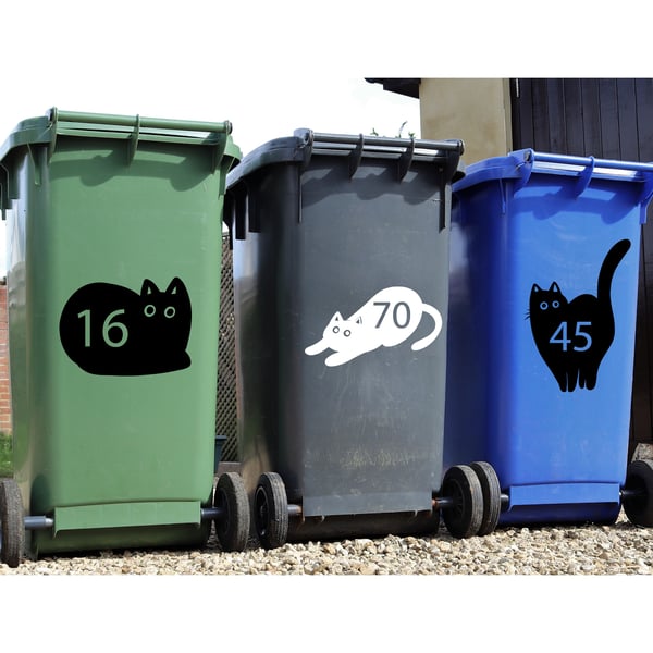 Personalised Wheelie Bin Sticker Cat Silhouette Custom House Number Sticker