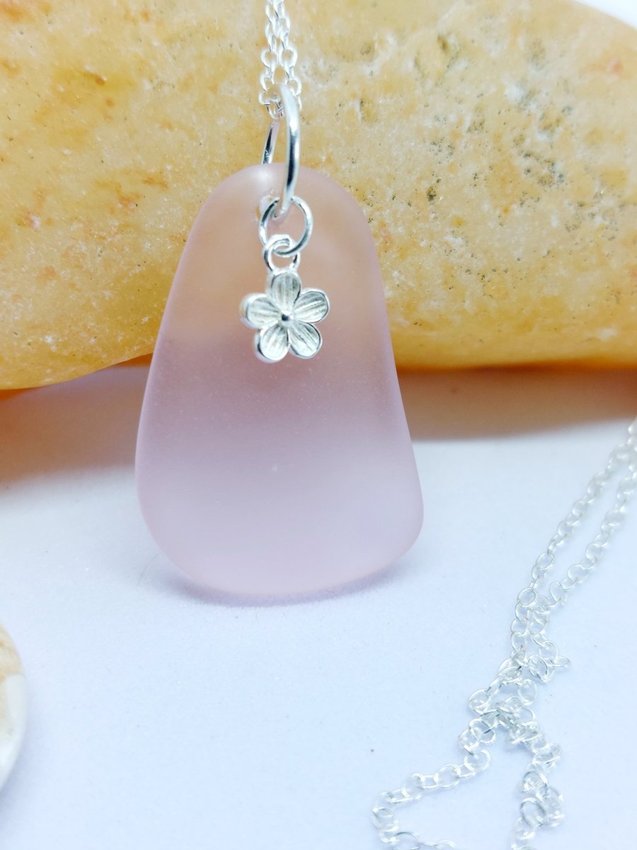 Image of Shell Pink cultered sea glass and sterling silver freeform pendant.