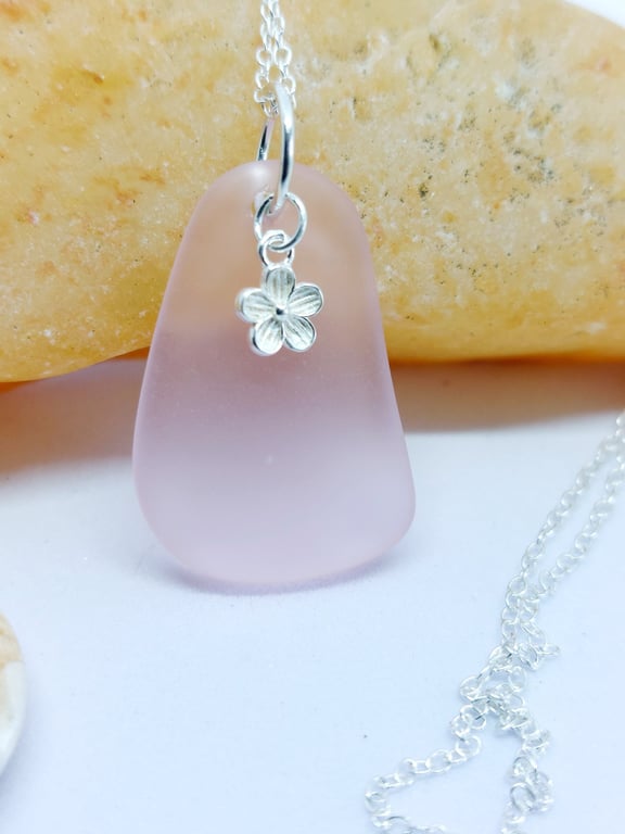 Shell Pink cultered sea glass and sterling silver freeform pendant.