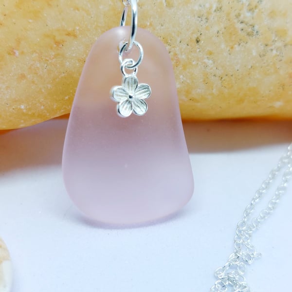 Shell Pink cultered sea glass and sterling silver freeform pendant.