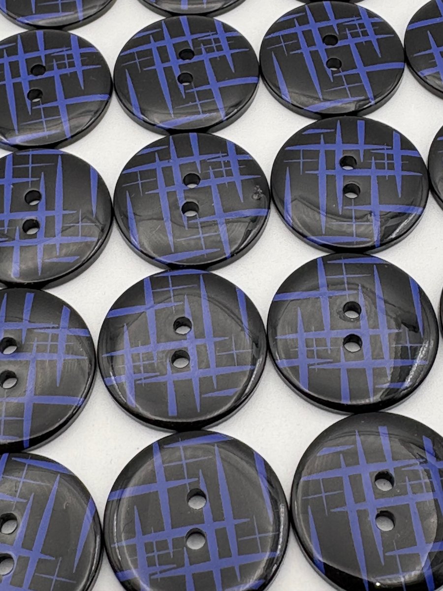 12 Blue Stripes Buttons, Large 23mm Wide, Glossy Black Backing, Sewing, Crafts