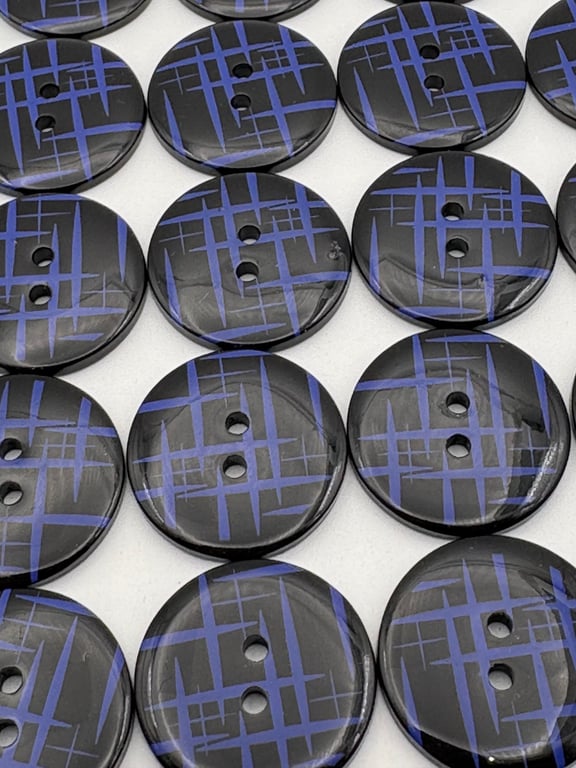 12 Blue Stripes Buttons, Large 23mm Wide, Glossy Black Backing, Sewing, Crafts