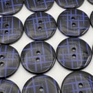 12 Blue Stripes Buttons, Large 23mm Wide, Glossy Black Backing, Sewing, Crafts