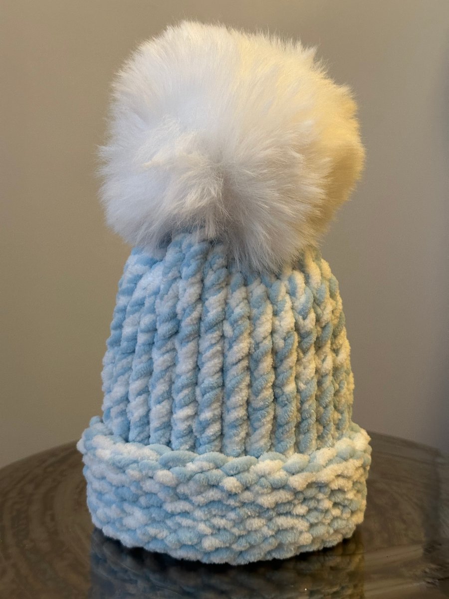 Handmade Baby Blue and  White Hat with Pom Pom 