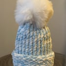 Handmade Baby Blue and  White Hat with Pom Pom 