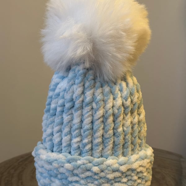 Handmade Baby Blue and  White Hat with Pom Pom 