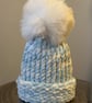 Handmade Baby Blue and  White Hat with Pom Pom 
