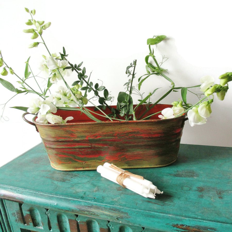 Hand Painted Planter Trough Green Orange Rustic Shabby Style With Chippy Paint