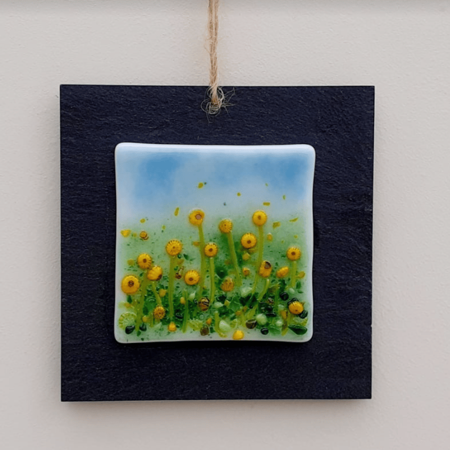 Fused glass 'Meadows' mini picture mounted on slate - sunflowers