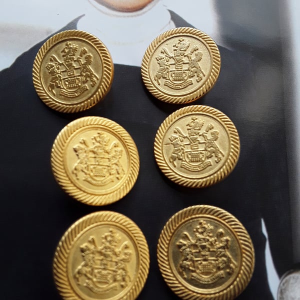 7 8" 22.4mm 36L Italian Matt Gold Crest Military Buttons x 5 Buttons