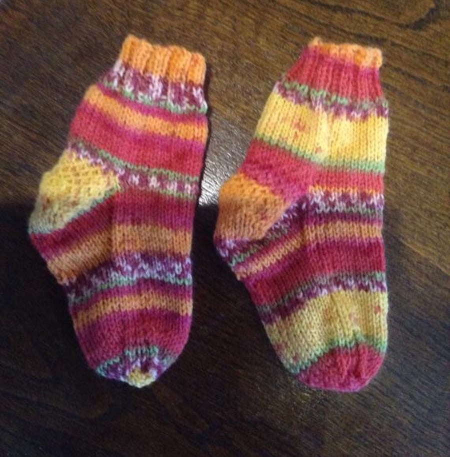 Hand Knit Baby Socks Orange Yellow Brown 
