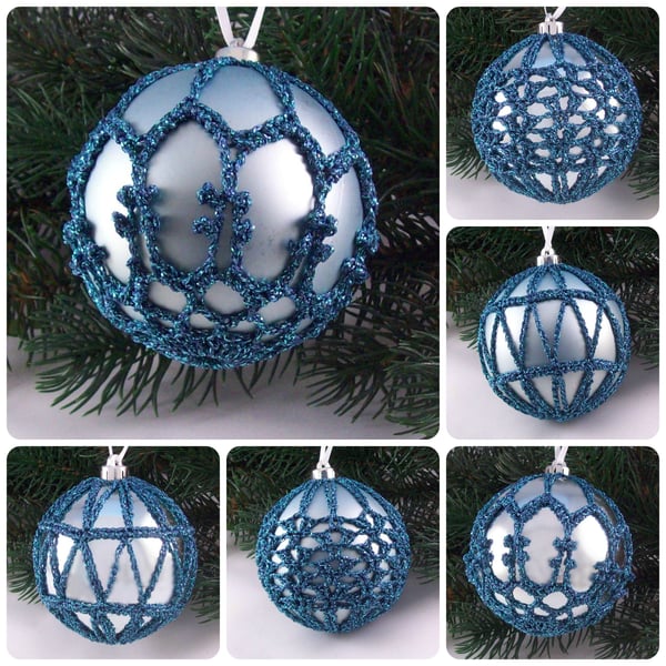 Christmas baubles boxed set of 6 large decorated with crochet lace A2