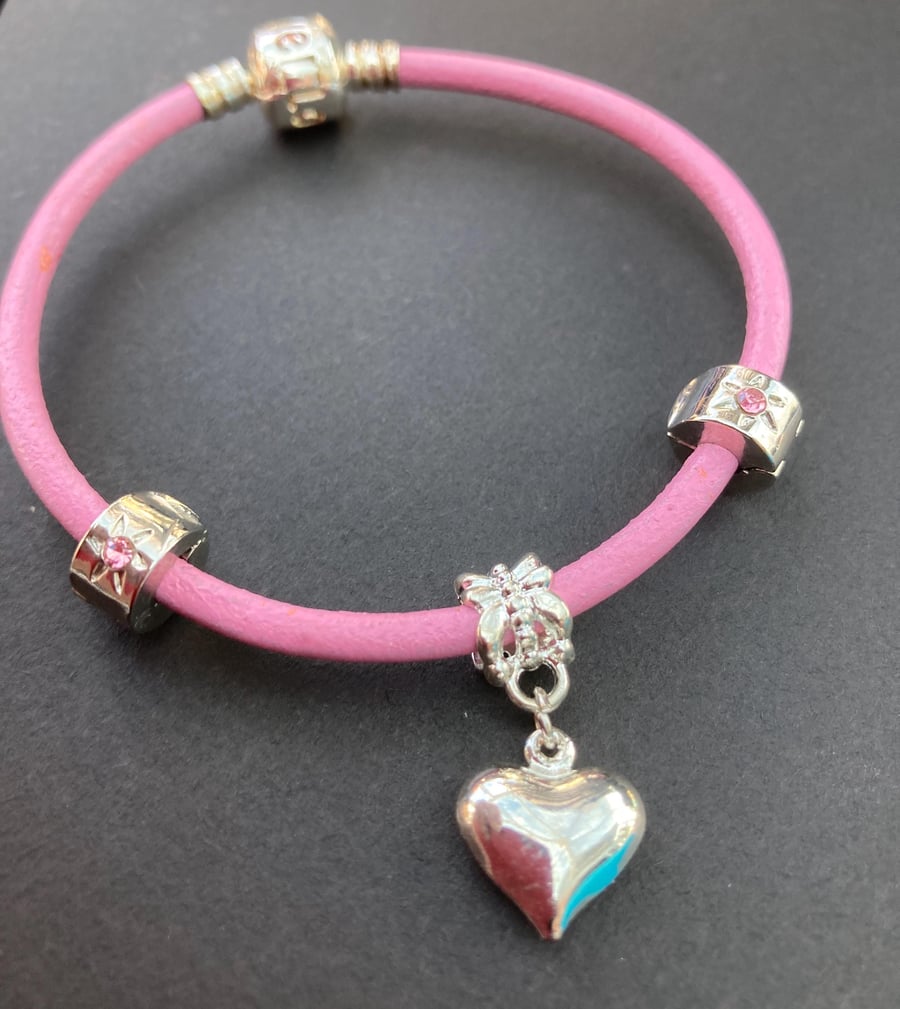 Pink Leather Charm Bracelet with Pave 'Love' Bead, Star Clips & Heart Charm 17cm