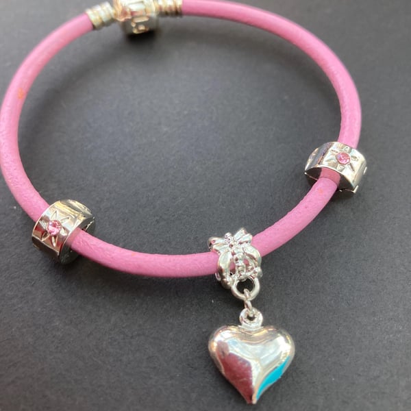 Pink Leather Charm Bracelet with Pave 'Love' Bead, Star Clips & Heart Charm 17cm