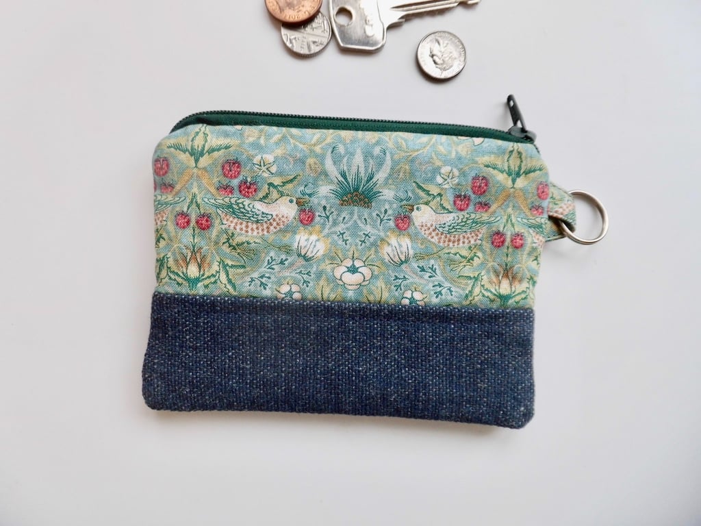 Coin purse in William Morris mini strawberry thief aqua with denim 