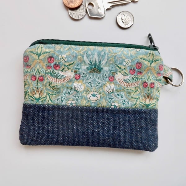 Coin purse in William Morris mini strawberry thief aqua with denim 