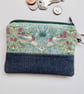 Coin purse in William Morris mini strawberry thief aqua with denim 