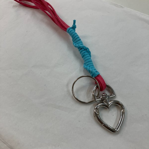Blue Pink Suede Keyring Bag Charm with Heart Shaped Carabiner - FREE SHIPPING