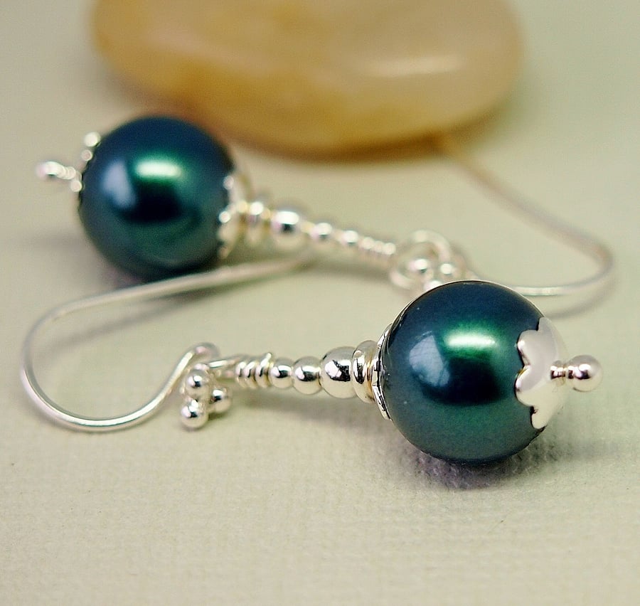 Teal Blue Green Pearl Earrings - Sterling Silver