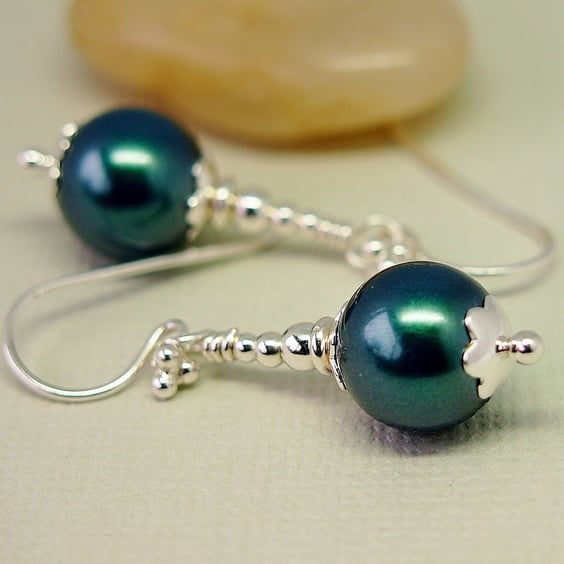 Teal Blue Green Pearl Earrings - Sterling Silver