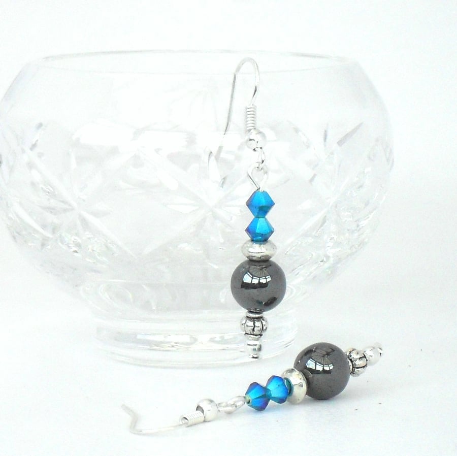 Hematite earrings with emerald Swarovski crystal elements