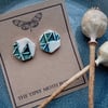 Teal hexagon porcelain clay ceramic  earrings posts studs surgical steel 