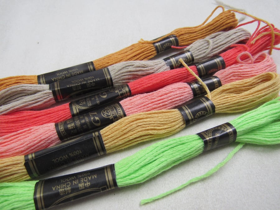 6 Skeins Mixed Brown, Green, Pink Garden All Cotton Embroidery Thread Floss Pack