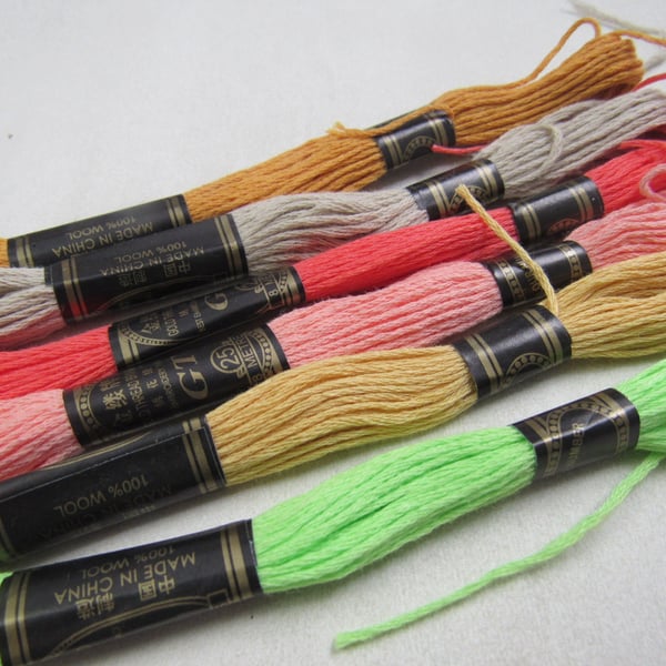 6 Skeins Mixed Brown, Green, Pink Garden All Cotton Embroidery Thread Floss Pack