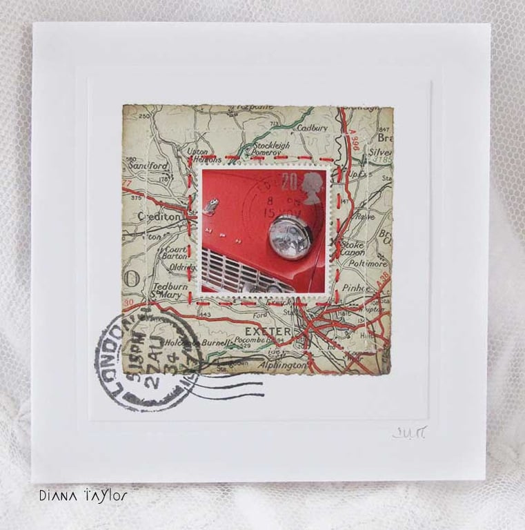 MIXED MEDIA ART CARD  CLASSIC CAR  VINTAGE MAP 