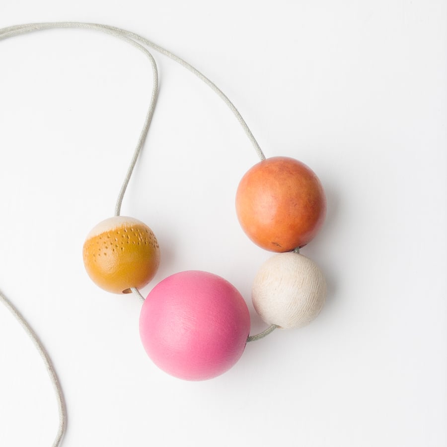 Dolce - Burnt orange, white, mustard, hot pink and natural wooden bead necklace