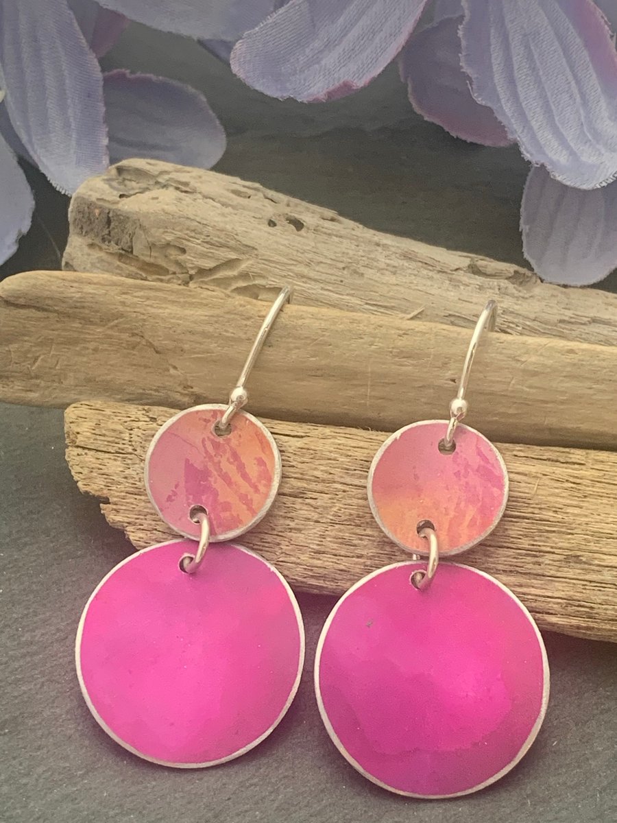 Printed Aluminium and sterling silver earrings -Orange and cerise pink