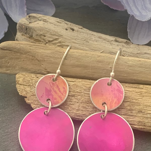 Printed Aluminium and sterling silver earrings -Orange and cerise pink