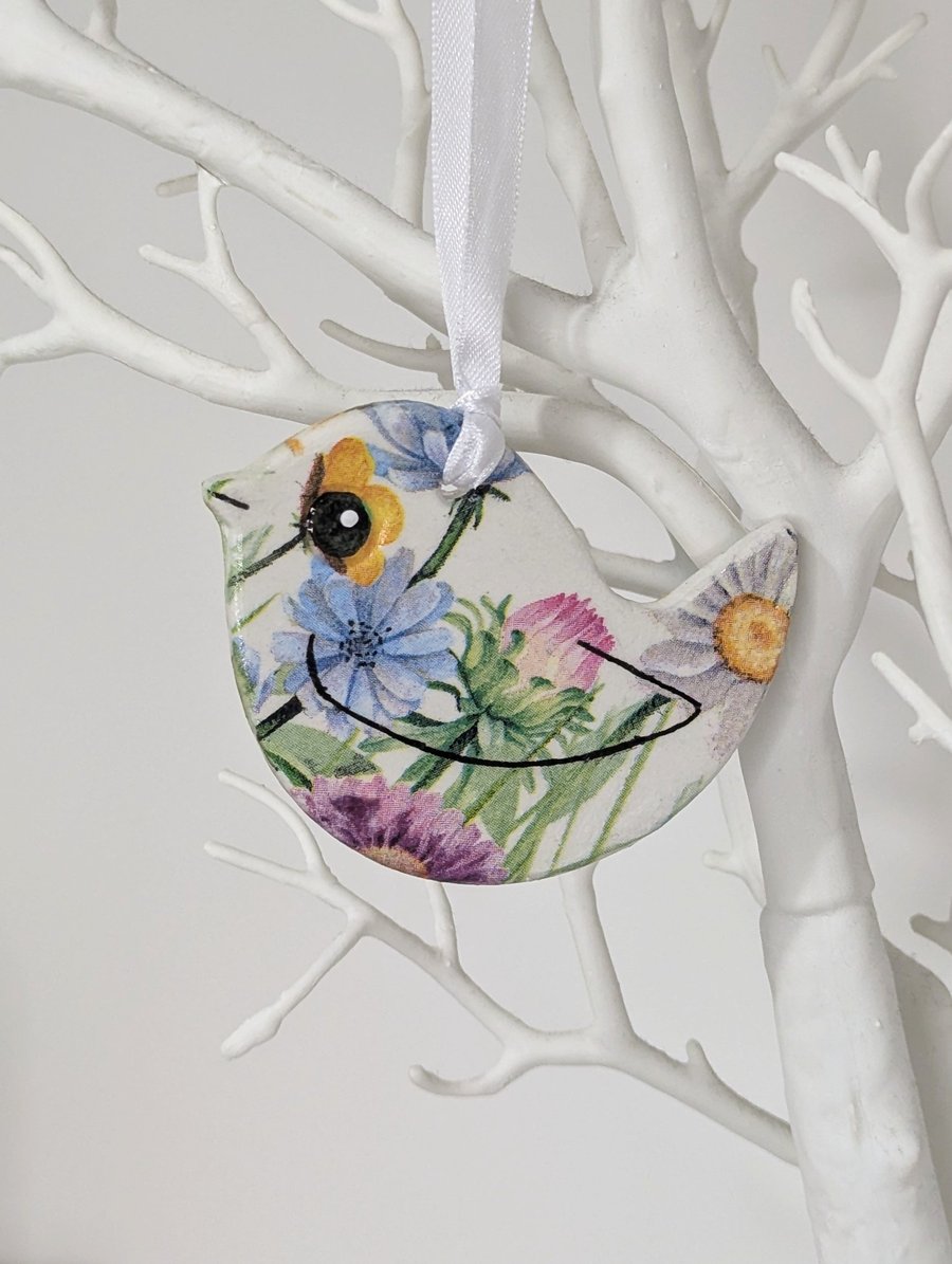 Bird hanging decoration - pretty floral decoupaged clay gift for a bird lover