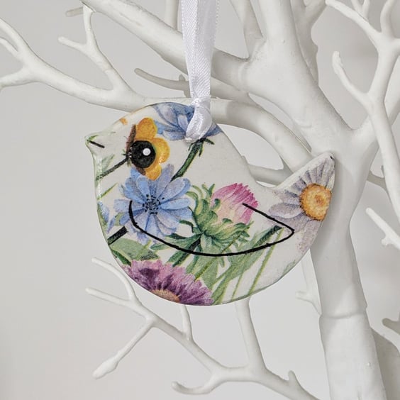 Bird hanging decoration - pretty floral decoupaged clay gift for a bird lover