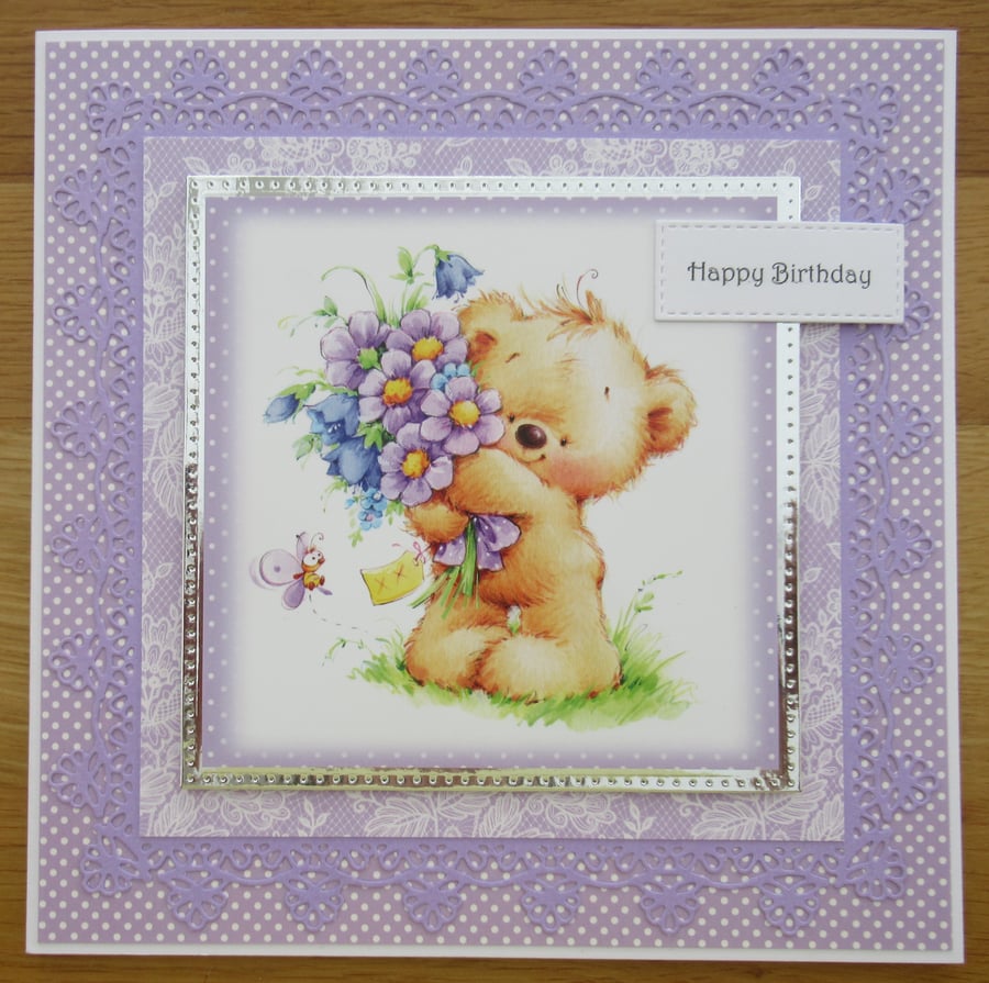 Bear With Flowers - 8x8" Birthday Card