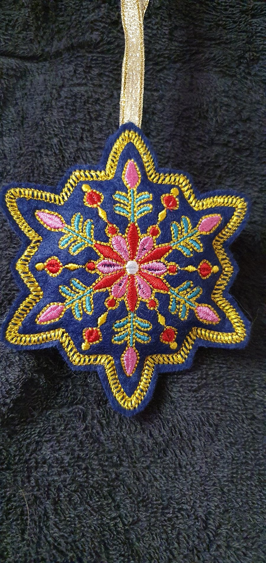 Embroidered felt decorations. Navy.