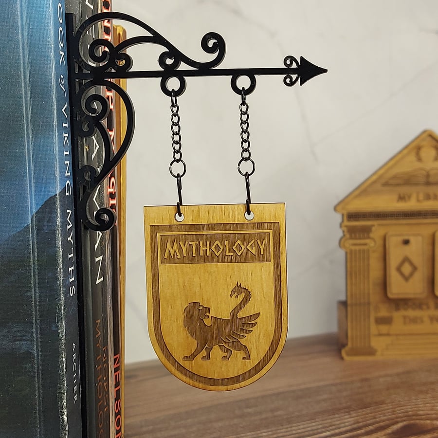 Mythology Genre Divider Bookshelf Decor  Solid Walnut Library Sign